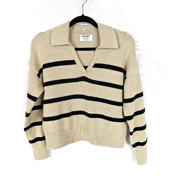 Old Navy Striped V-Neck Sweater - Tan and Black - Picture 2 of 5